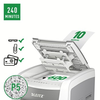 Distrugator automat documente Leitz IQ Office , 600 coli, P5, micro-cut (tip particule), cos 110 litri, alb-gri, Leitz 
