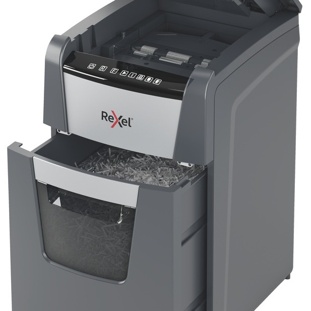 Distrugator automat documente Rexel OPTIMUM 130M , 130 coli, P5, micro-cut (tip particule), cos  44 litri, negru-gri, 