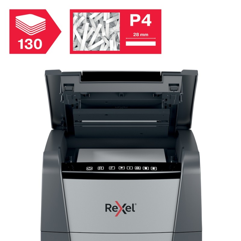 Distrugator automat documente Rexel OPTIMUM 130M , 130 coli, P5, micro-cut (tip particule), cos  44 litri, negru-gri, 