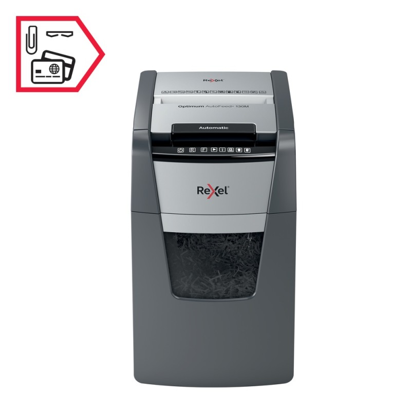 Distrugator automat documente Rexel OPTIMUM 130M , 130 coli, P5, micro-cut (tip particule), cos  44 litri, negru-gri, 