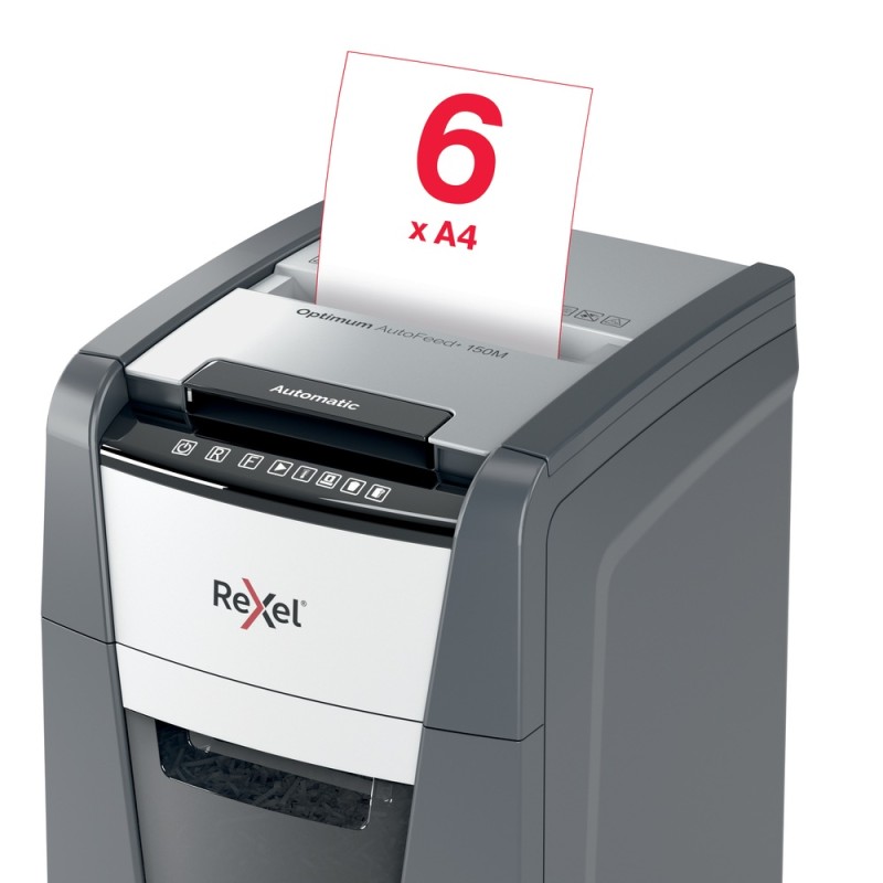 Distrugator automat documente Rexel OPTIMUM 150M , 150 coli, P5, micro-cut (tip particule), cos  44 litri, negru-gri, 
