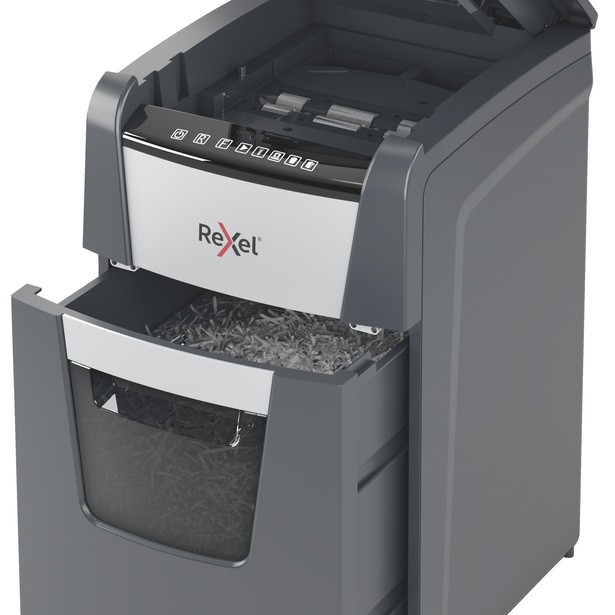 Distrugator automat documente Rexel OPTIMUM 150M , 150 coli, P5, micro-cut (tip particule), cos  44 litri, negru-gri, 
