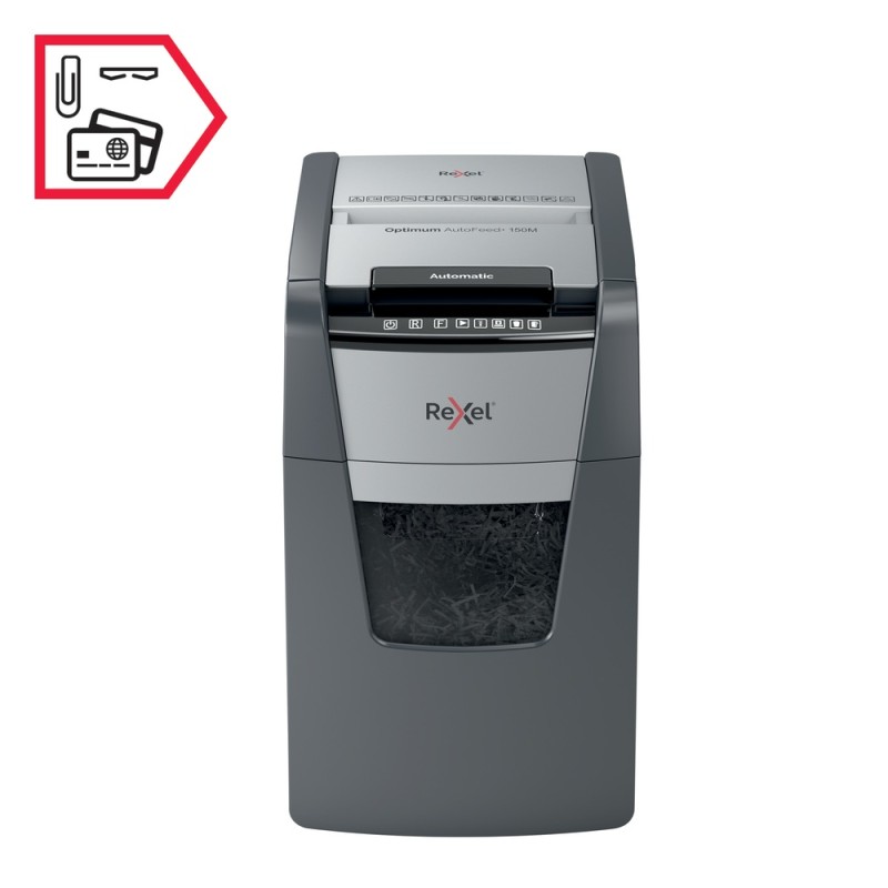 Distrugator automat documente Rexel OPTIMUM 150M , 150 coli, P5, micro-cut (tip particule), cos  44 litri, negru-gri, 