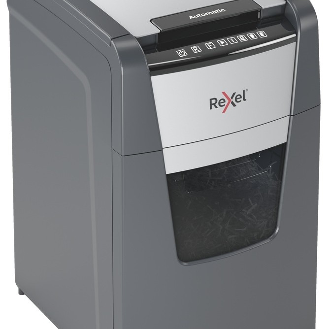 Distrugator automat documente Rexel OPTIMUM 150M , 150 coli, P5, micro-cut (tip particule), cos  44 litri, negru-gri, 
