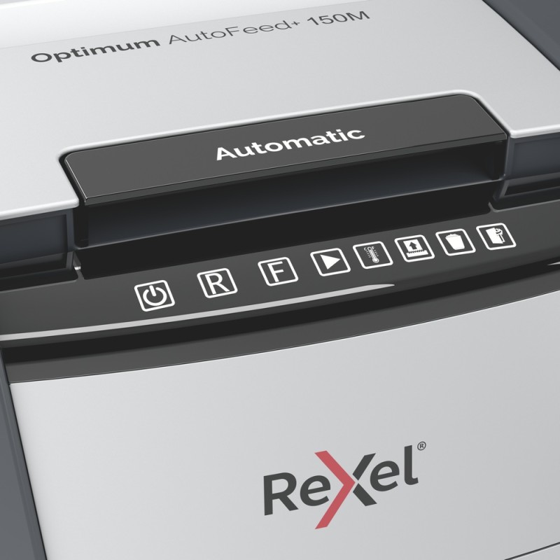 Distrugator automat documente Rexel OPTIMUM 150M , 150 coli, P5, micro-cut (tip particule), cos  44 litri, negru-gri, 
