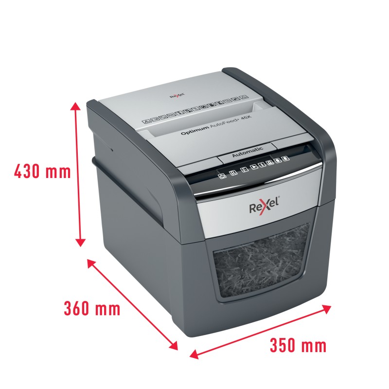 Distrugator automat documente Rexel OPTIMUM  45X ,  45 coli, P4, cross-cut (tip confeti), cos  20 litri, negru-gri, 