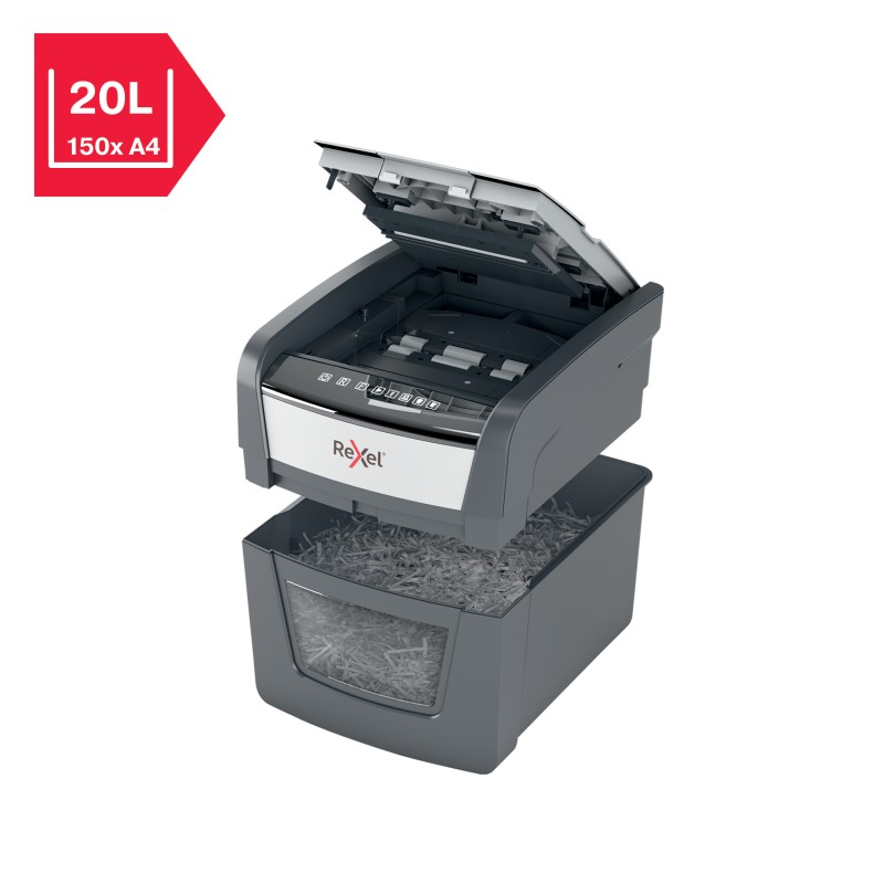 Distrugator automat documente Rexel OPTIMUM  45X ,  45 coli, P4, cross-cut (tip confeti), cos  20 litri, negru-gri, 