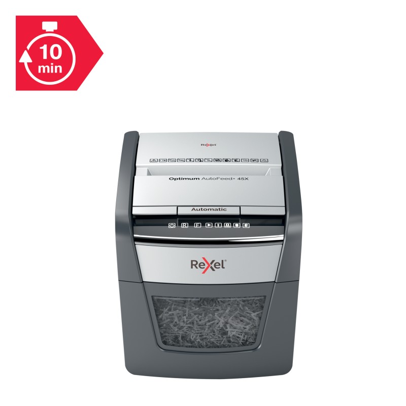 Distrugator automat documente Rexel OPTIMUM  45X ,  45 coli, P4, cross-cut (tip confeti), cos  20 litri, negru-gri, 