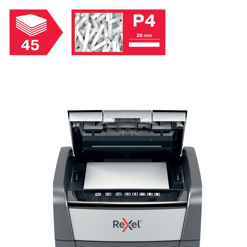 Distrugator automat documente Rexel OPTIMUM  45X ,  45 coli, P4, cross-cut (tip confeti), cos  20 litri, negru-gri, 