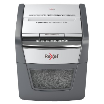 Distrugator automat documente Rexel OPTIMUM  45X ,  45 coli, P4, cross-cut (tip confeti), cos  20 litri, negru-gri, 