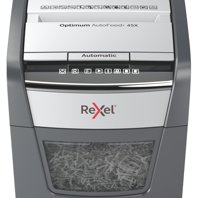 Distrugator automat documente Rexel OPTIMUM  45X ,  45 coli, P4, cross-cut (tip confeti), cos  20 litri, negru-gri, 