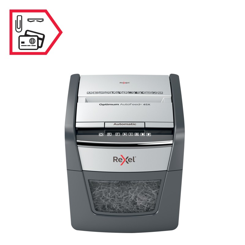 Distrugator automat documente Rexel OPTIMUM  45X ,  45 coli, P4, cross-cut (tip confeti), cos  20 litri, negru-gri, 