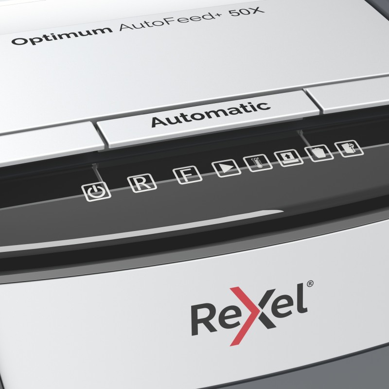 Distrugator automat documente Rexel OPTIMUM  50X ,  50 coli, P4, cross-cut (tip confeti), cos  20 litri, negru-gri, 