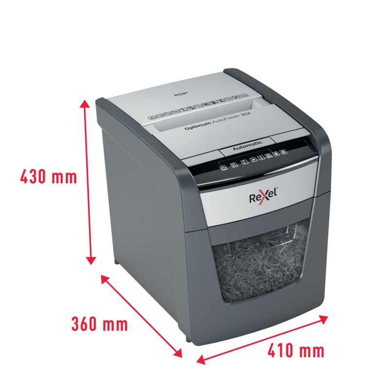 Distrugator automat documente Rexel OPTIMUM  50X ,  50 coli, P4, cross-cut (tip confeti), cos  20 litri, negru-gri, 