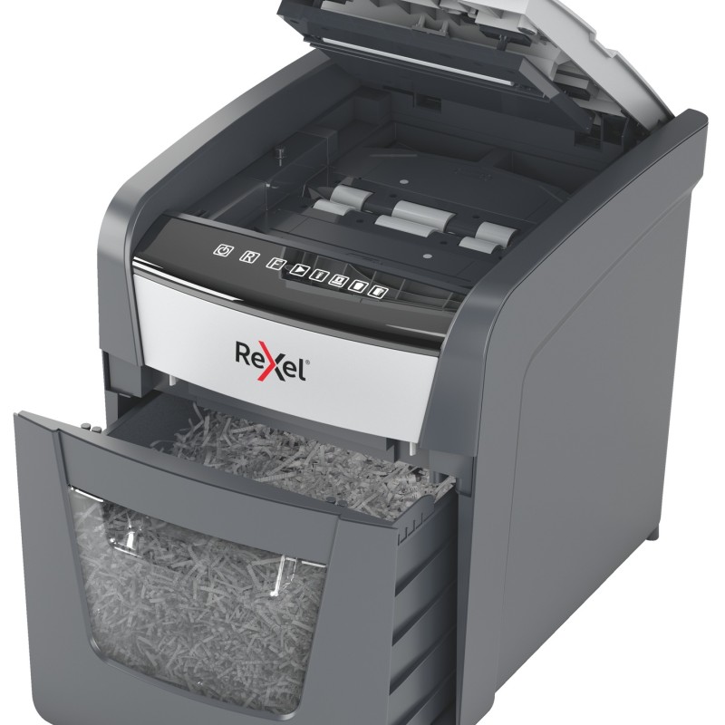 Distrugator automat documente Rexel OPTIMUM  50X ,  50 coli, P4, cross-cut (tip confeti), cos  20 litri, negru-gri, 