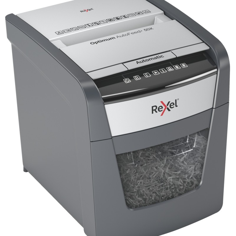 Distrugator automat documente Rexel OPTIMUM  50X ,  50 coli, P4, cross-cut (tip confeti), cos  20 litri, negru-gri, 