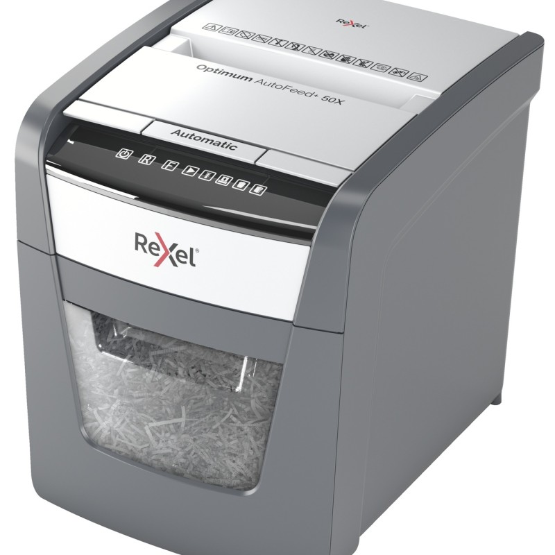Distrugator automat documente Rexel OPTIMUM  50X ,  50 coli, P4, cross-cut (tip confeti), cos  20 litri, negru-gri, 