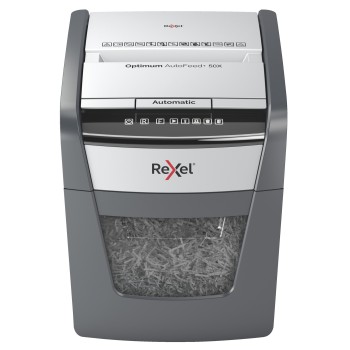 Distrugator automat documente Rexel OPTIMUM  50X ,  50 coli, P4, cross-cut (tip confeti), cos  20 litri, negru-gri, 