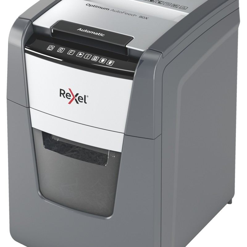 Distrugator automat documente Rexel OPTIMUM  90X ,  90 coli, P4, cross-cut (tip confeti), cos  34 litri, negru-gri, 