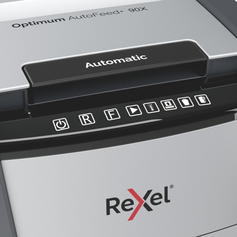 Distrugator automat documente Rexel OPTIMUM  90X ,  90 coli, P4, cross-cut (tip confeti), cos  34 litri, negru-gri, 