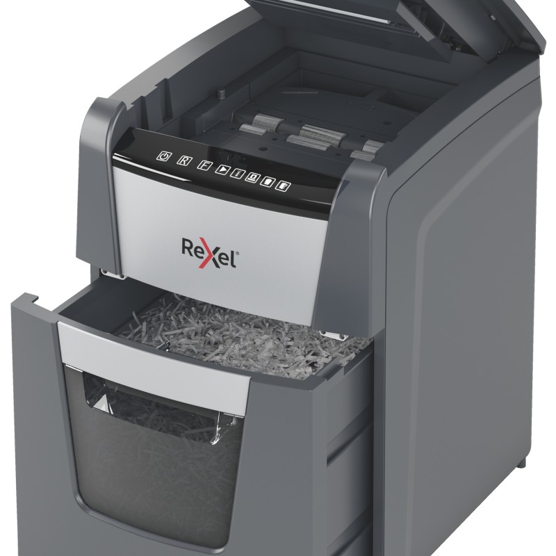 Distrugator automat documente Rexel OPTIMUM  90X ,  90 coli, P4, cross-cut (tip confeti), cos  34 litri, negru-gri, 