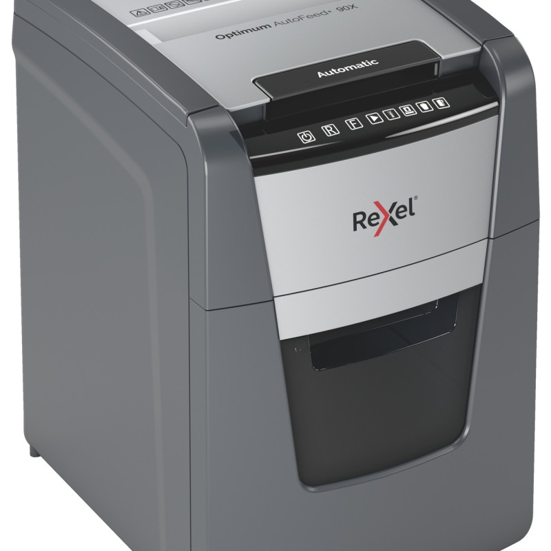 Distrugator automat documente Rexel OPTIMUM  90X ,  90 coli, P4, cross-cut (tip confeti), cos  34 litri, negru-gri, 
