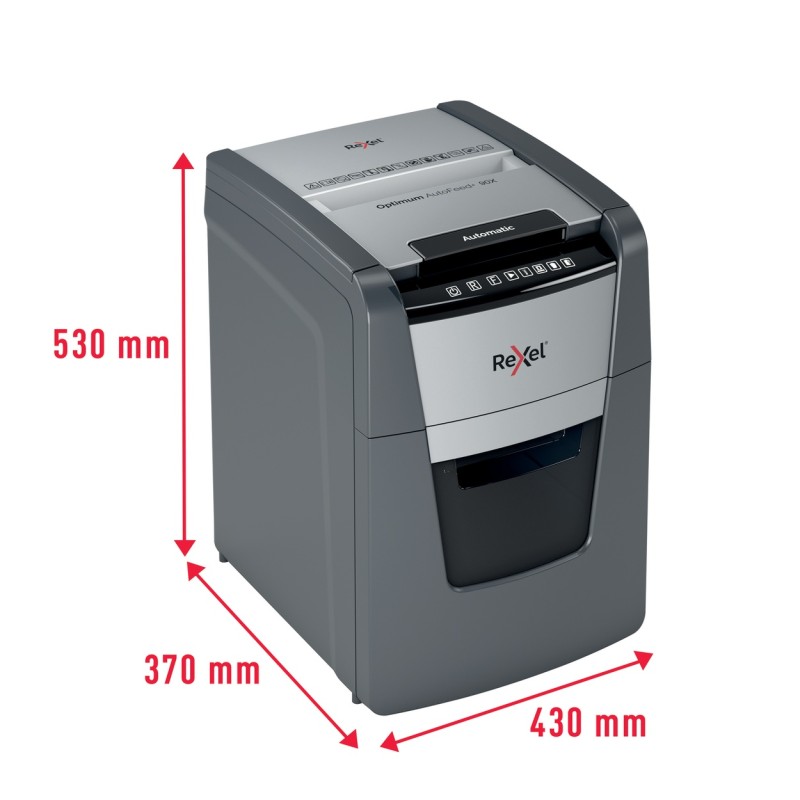 Distrugator automat documente Rexel OPTIMUM  90X ,  90 coli, P4, cross-cut (tip confeti), cos  34 litri, negru-gri, 