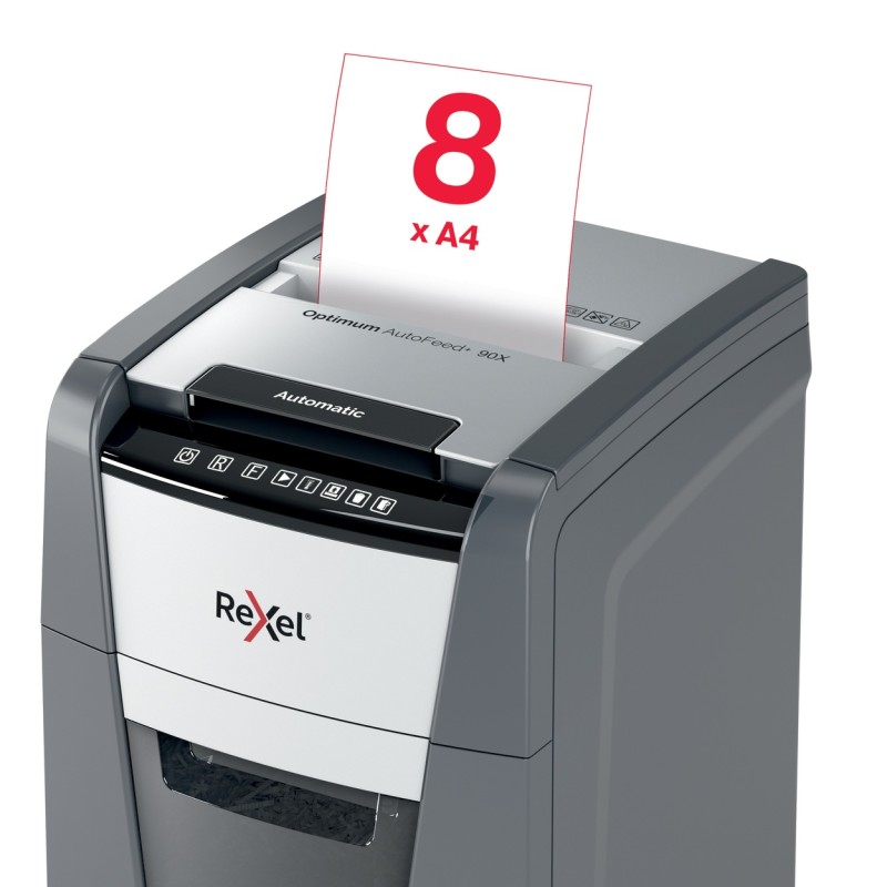 Distrugator automat documente Rexel OPTIMUM  90X ,  90 coli, P4, cross-cut (tip confeti), cos  34 litri, negru-gri, 
