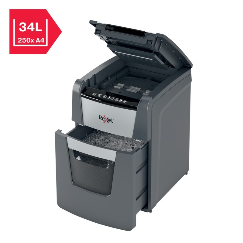 Distrugator automat documente Rexel OPTIMUM  90X ,  90 coli, P4, cross-cut (tip confeti), cos  34 litri, negru-gri, 