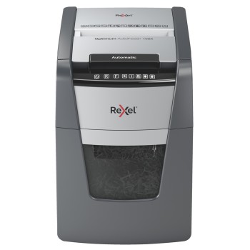 Distrugator automat documente Rexel OPTIMUM 100X , 100 coli, P4, cross-cut (tip confeti), cos  34 litri, negru-gri, 