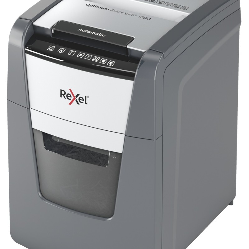 Distrugator automat documente Rexel OPTIMUM 100M , 100 coli, P5, micro-cut (tip particule), cos  34 litri, negru-gri, 