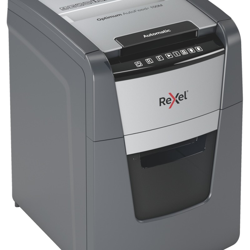 Distrugator automat documente Rexel OPTIMUM 100M , 100 coli, P5, micro-cut (tip particule), cos  34 litri, negru-gri, 
