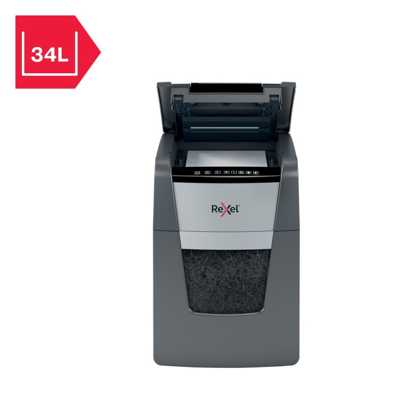 Distrugator automat documente Rexel OPTIMUM 100M , 100 coli, P5, micro-cut (tip particule), cos  34 litri, negru-gri, 