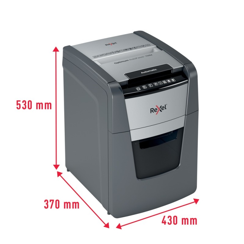Distrugator automat documente Rexel OPTIMUM 100M , 100 coli, P5, micro-cut (tip particule), cos  34 litri, negru-gri, 