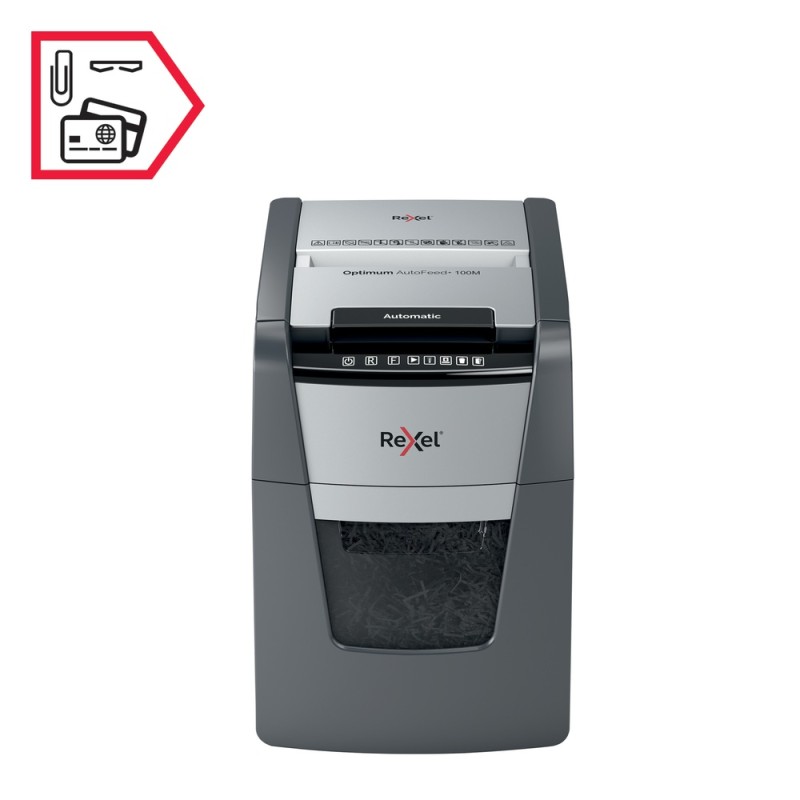 Distrugator automat documente Rexel OPTIMUM 100M , 100 coli, P5, micro-cut (tip particule), cos  34 litri, negru-gri, 