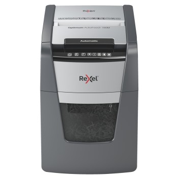 Distrugator automat documente Rexel OPTIMUM 100M , 100 coli, P5, micro-cut (tip particule), cos  34 litri, negru-gri, 