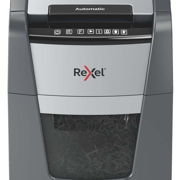 Distrugator automat documente Rexel OPTIMUM 100M , 100 coli, P5, micro-cut (tip particule), cos  34 litri, negru-gri, 