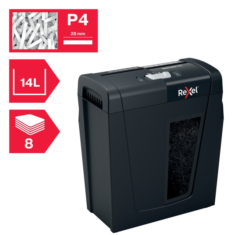 Distrugator manual documente Rexel SECURE   X8,   8 coli, P4, cross-cut (tip confeti), cos  14 litri, negru, 