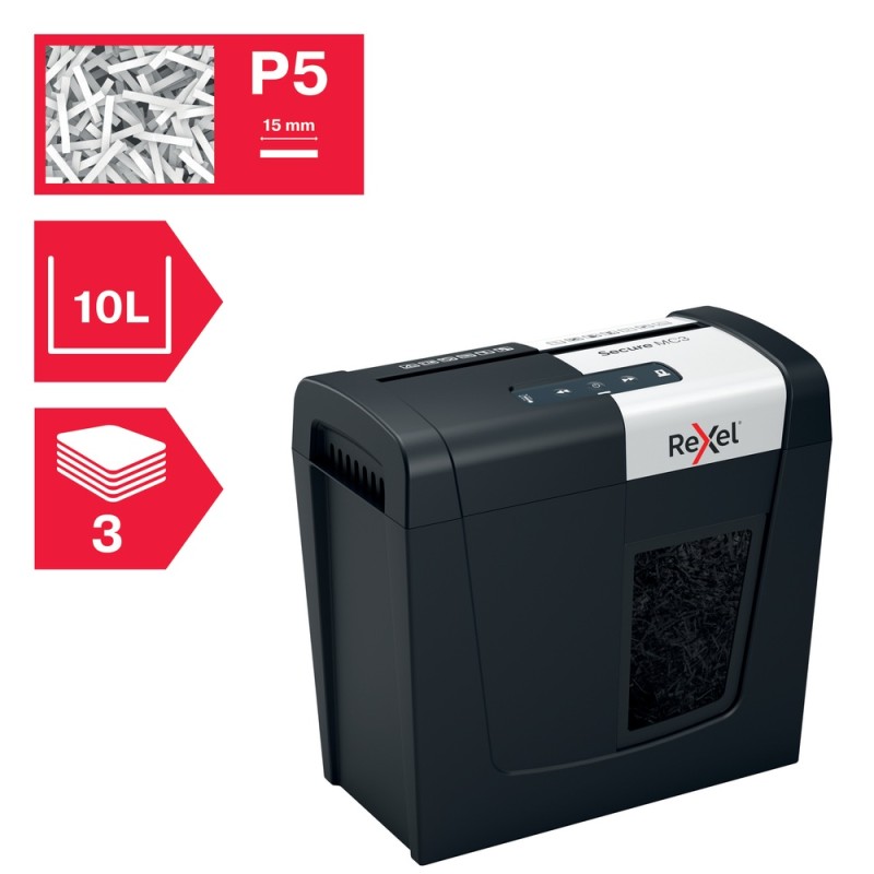 Distrugator manual documente Rexel SECURE MC3,  3 coli, P5, micro-cut (tip particule), cos  10 litri, negru-argintiu, 