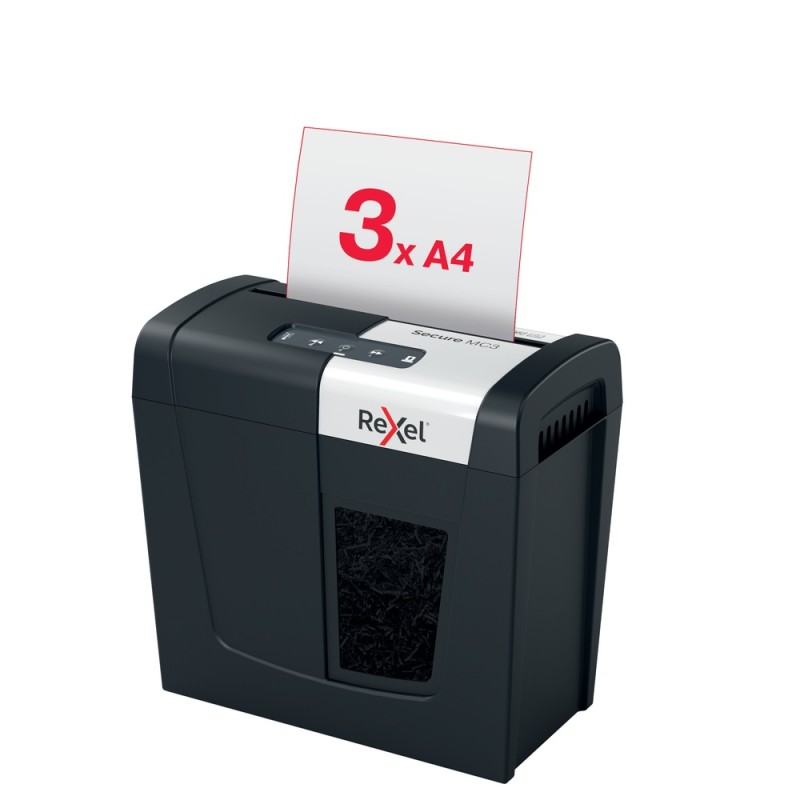 Distrugator manual documente Rexel SECURE MC3,  3 coli, P5, micro-cut (tip particule), cos  10 litri, negru-argintiu, 