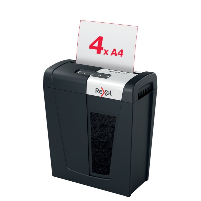 Distrugator manual documente Rexel SECURE MC4,  4 coli, P5, micro-cut (tip particule), cos  14 litri, negru-argintiu, 