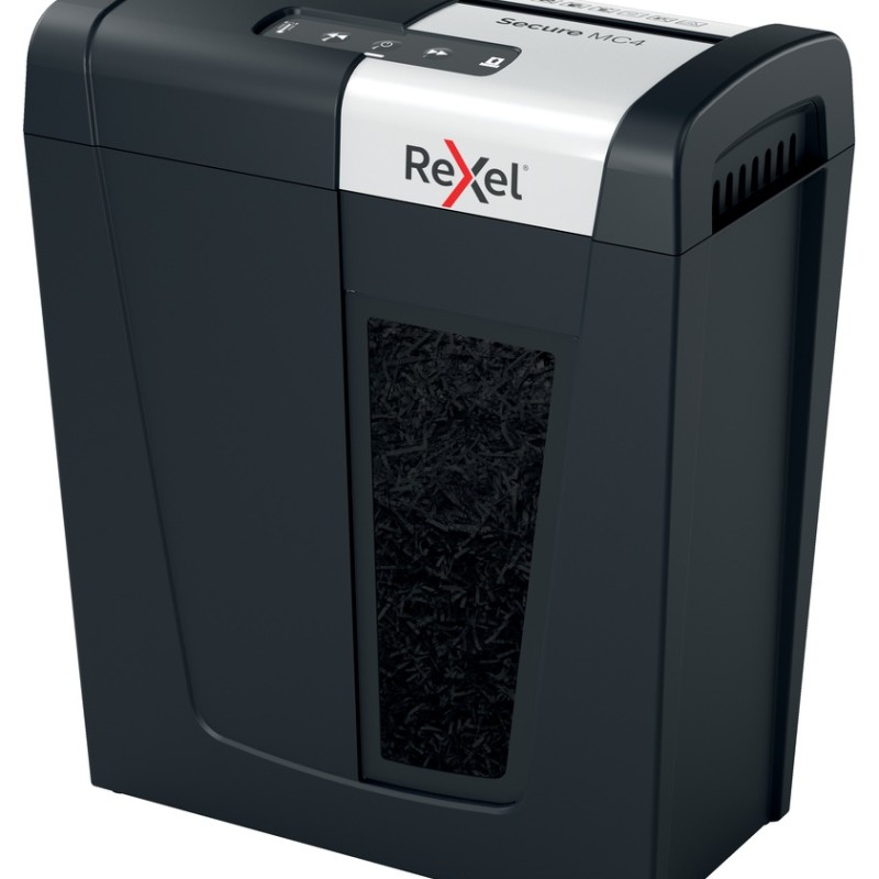 Distrugator manual documente Rexel SECURE MC4,  4 coli, P5, micro-cut (tip particule), cos  14 litri, negru-argintiu, 