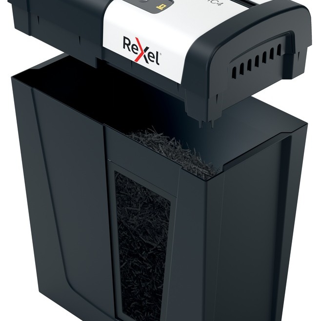 Distrugator manual documente Rexel SECURE MC4,  4 coli, P5, micro-cut (tip particule), cos  14 litri, negru-argintiu, 