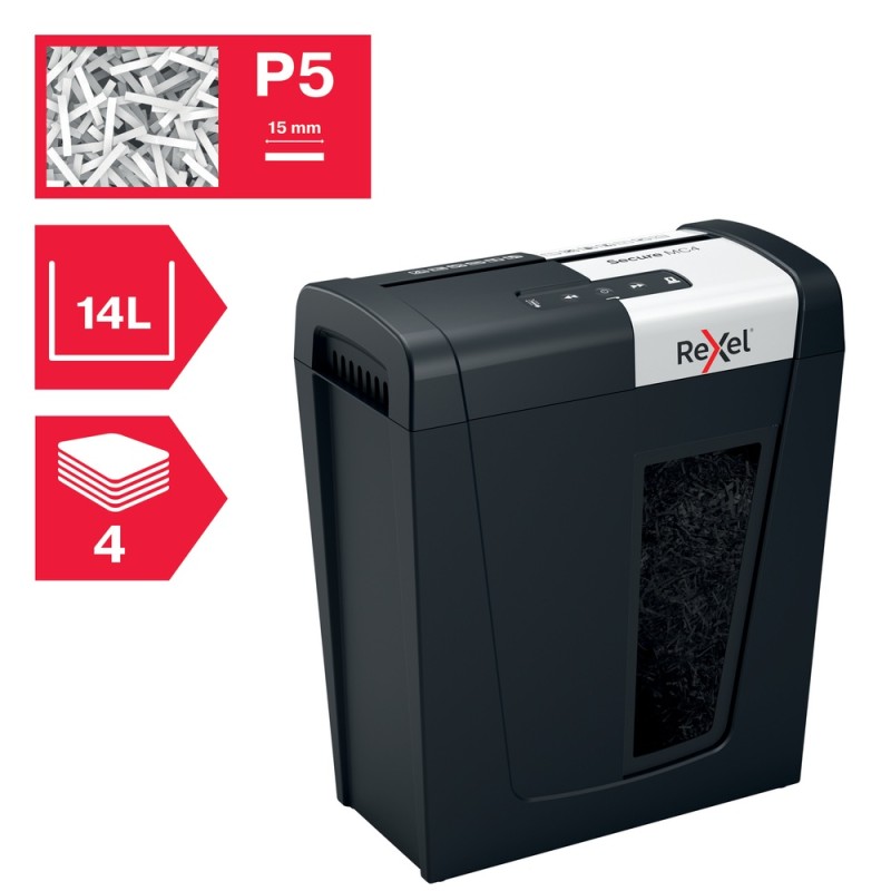 Distrugator manual documente Rexel SECURE MC4,  4 coli, P5, micro-cut (tip particule), cos  14 litri, negru-argintiu, 