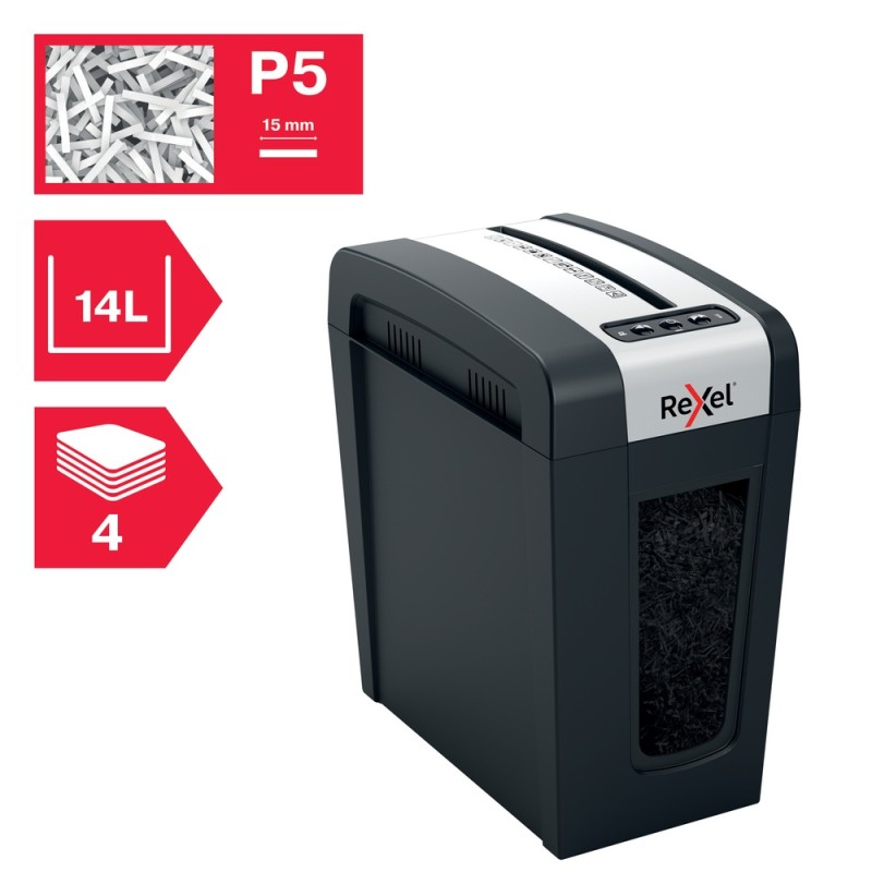 Distrugator manual documente Rexel SECURE MC4 Slim,  4 coli, P5, micro-cut (tip particule), cos  14 litri, negru-argintiu, 