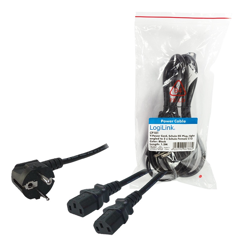 CABLU alimentare LOGILINK 1.7m, intrare Schuko, iesire 2 x C13, 10A, testat VDE, black, 