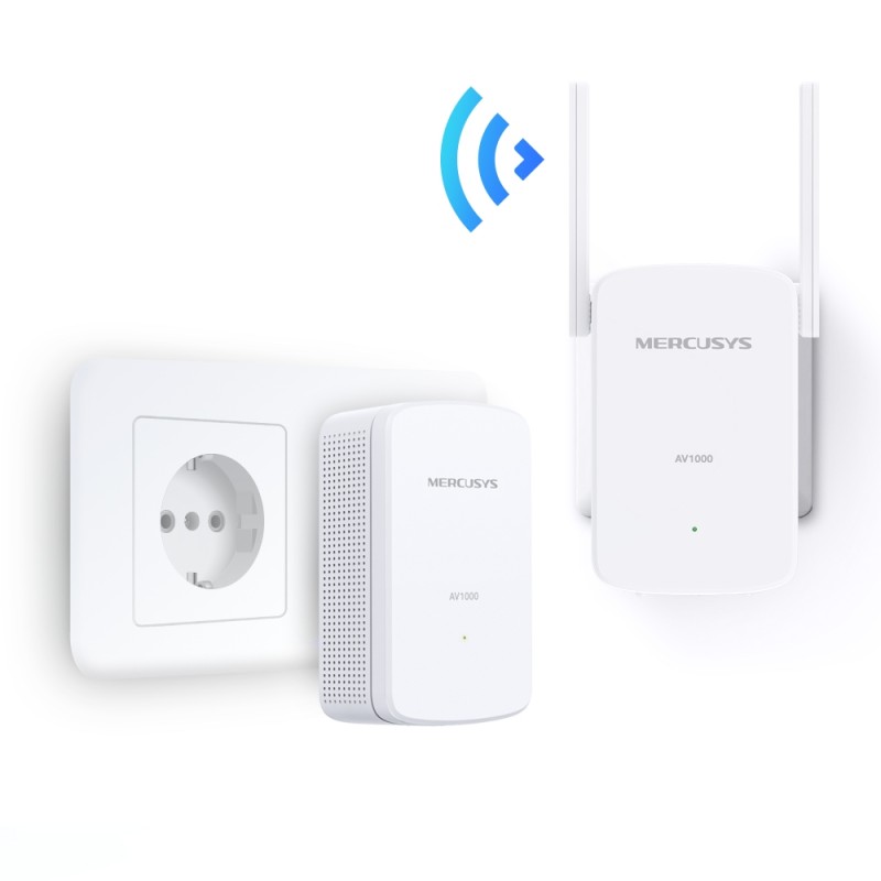 Kit Powerline Wi-Fi Gigabit MERCUSYS, Wi-Fi de 300 Mbps 2.4Ghz, tehnologie AV2, AV1000, pana la 1000 Mbps, RJ-45 x 1 porturi 10/100/1000 Mbps, 2 buc, 