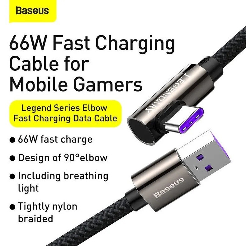CABLU alimentare si date Baseus Legend Elbow, Fast Charging Data Cable pt. smartphone, USB la USB Type-C 66W, braided, 2m, negru 