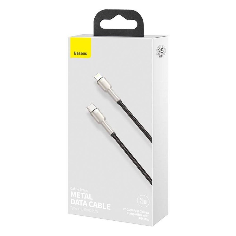 CABLU alimentare si date Baseus Cafule Metal, Fast Charging Data Cable pt. smartphone, USB Type-C la Lightning Iphone PD 20W, braided, 0.25m, negru 