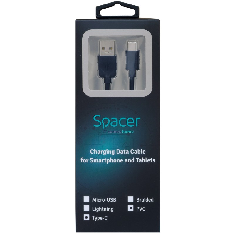 CABLU alimentare si date SPACER, pt. smartphone, USB 2.0 (T) la Type-C (T), PVC,2.1A,Retail pack, 1m, black, 